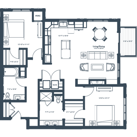 Floor plan for 2 beds, 2 baths, 1383 sqft